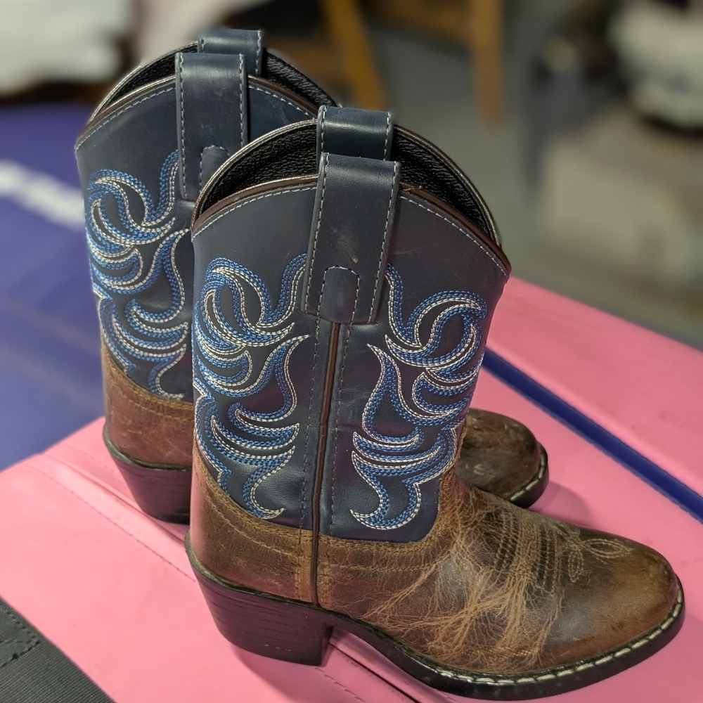 Brown Leather Cowboy Boots with Blue Embroidered Shaft
